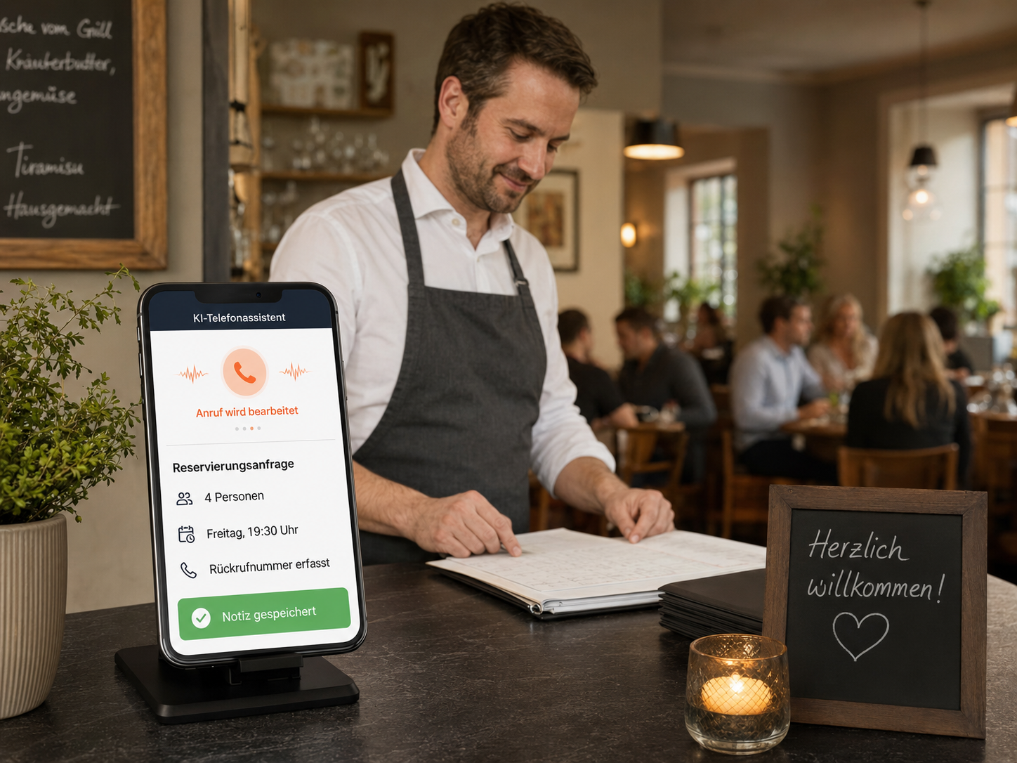 KI-Telefonassistent erfasst eine deutsche Reservierungsanfrage im Restaurant