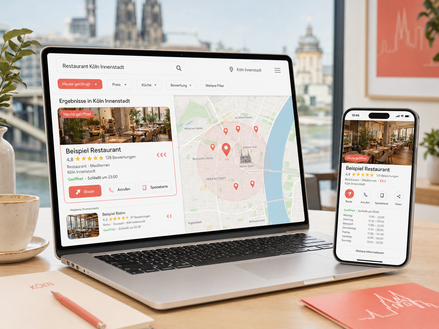 Lokale Restaurantsuche in Köln auf Laptop und Smartphone