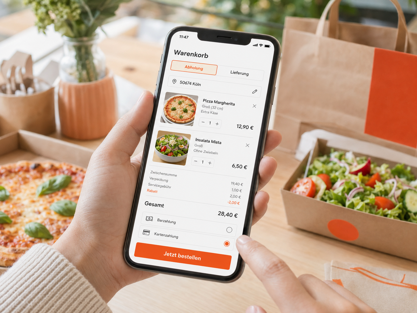 Mobiles Restaurant-Bestellsystem mit Warenkorb, Abholung und Europreisen
